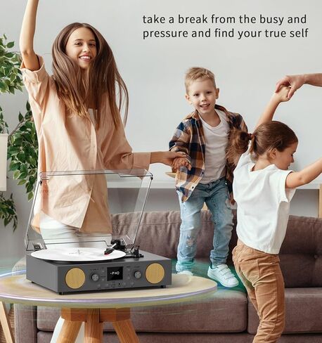 3-Speed Belt-Driven Record Player with Built-in Speakers, Bluetooth Turntable with FM Radio, USB Recording, RCA Line Out, AUX in & Auto Stop – Grey in Saudi Arabia