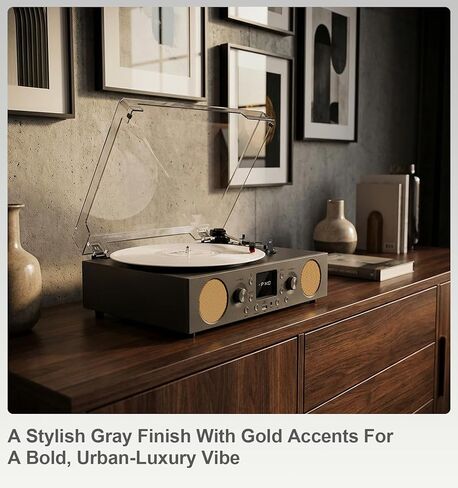 3-Speed Belt-Driven Record Player with Built-in Speakers, Bluetooth Turntable with FM Radio, USB Recording, RCA Line Out, AUX in & Auto Stop – Grey in Saudi Arabia