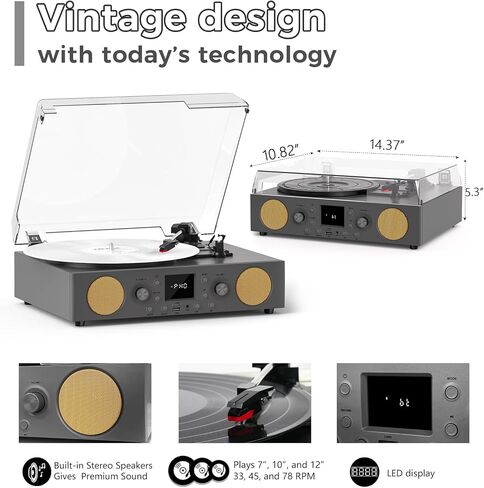 3-Speed Belt-Driven Record Player with Built-in Speakers, Bluetooth Turntable with FM Radio, USB Recording, RCA Line Out, AUX in & Auto Stop – Grey in Saudi Arabia