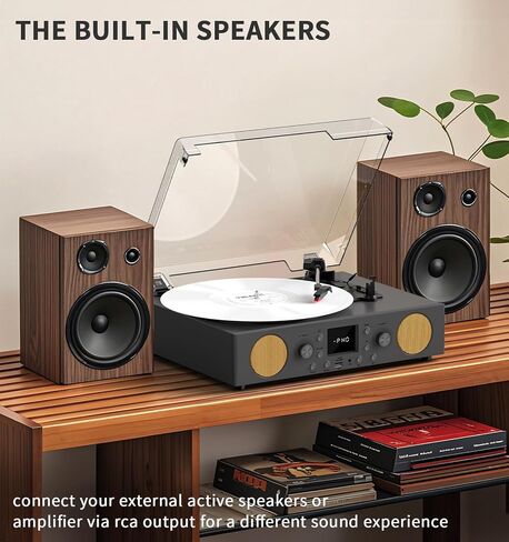 3-Speed Belt-Driven Record Player with Built-in Speakers, Bluetooth Turntable with FM Radio, USB Recording, RCA Line Out, AUX in & Auto Stop – Grey in Saudi Arabia