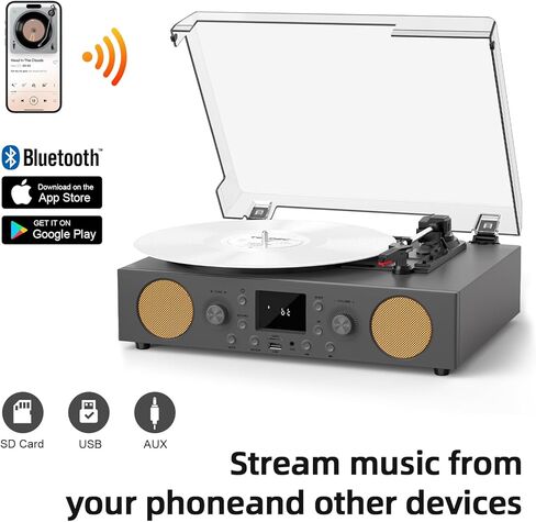 3-Speed Belt-Driven Record Player with Built-in Speakers, Bluetooth Turntable with FM Radio, USB Recording, RCA Line Out, AUX in & Auto Stop – Grey in Saudi Arabia