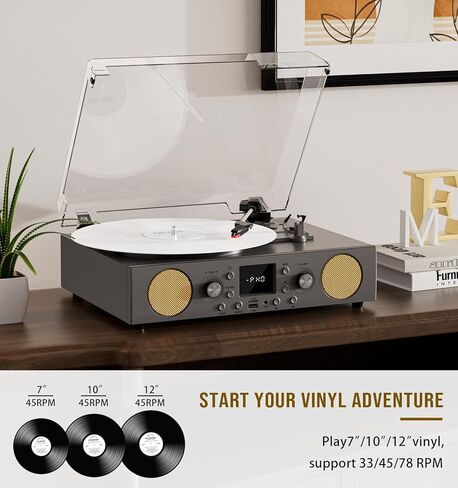 3-Speed Belt-Driven Record Player with Built-in Speakers, Bluetooth Turntable with FM Radio, USB Recording, RCA Line Out, AUX in & Auto Stop – Grey in Saudi Arabia