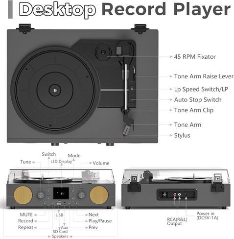 3-Speed Belt-Driven Record Player with Built-in Speakers, Bluetooth Turntable with FM Radio, USB Recording, RCA Line Out, AUX in & Auto Stop – Grey in Saudi Arabia