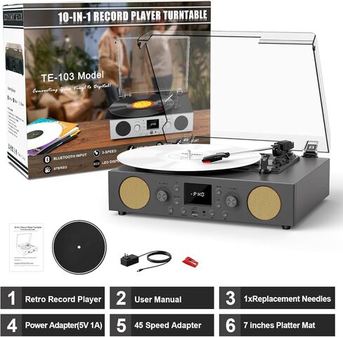 3-Speed Belt-Driven Record Player with Built-in Speakers, Bluetooth Turntable with FM Radio, USB Recording, RCA Line Out, AUX in & Auto Stop – Grey in Saudi Arabia