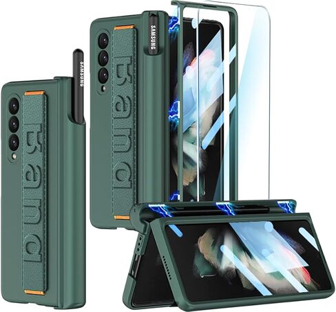 for Samsung Galaxy Z Fold 3 Case with Wrist Strap & Screen Protector & S Pen Slot,Magnetic Hinge Protective Bumper Case Ultra Slim Shockproof Anti-Scratch for Samsung Z Fold 3 5G (Black) in Saudi Arabia