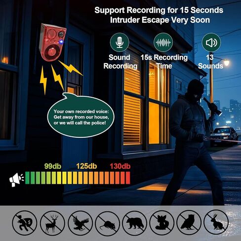 Solar Outdoor Motion Sensor Alarm with Ultrasonic-13-Sounds Including Dog Barking/Gunshot Sound, Support Recording&+/-Volume,130db Motion Detector with Strobe Lights,The Intruder Escape Soon (2 packs) in Saudi Arabia
