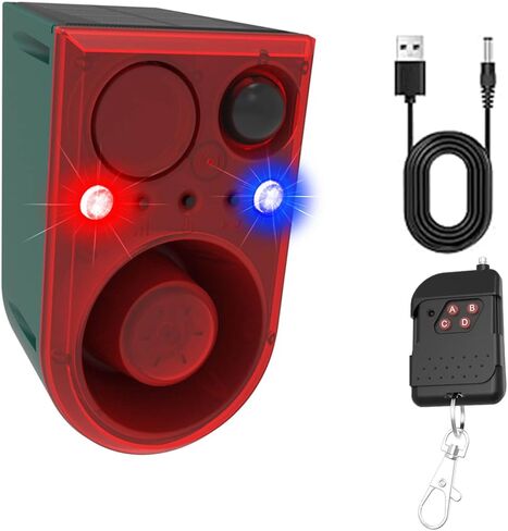 Solar Motion Sensor Alarm Outdoor - Support Recording&±Volume, Ultrasonic and Barking Dog&Gunshot Sound Sound, 129db*2 Loud Speakers, Motion Detector Alarm Strobe Light with USB and Remote Controller in Saudi Arabia