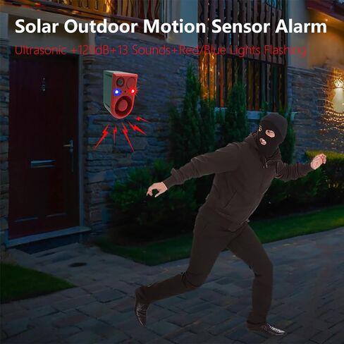 Solar Motion Sensor Alarm Outdoor - Support Recording&±Volume, Ultrasonic and Barking Dog&Gunshot Sound Sound, 129db*2 Loud Speakers, Motion Detector Alarm Strobe Light with USB and Remote Controller in Saudi Arabia