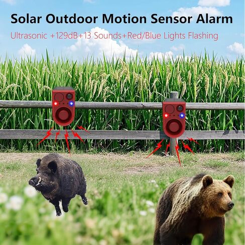 Solar Motion Sensor Alarm Outdoor - Support Recording&±Volume, Ultrasonic and Barking Dog&Gunshot Sound Sound, 129db*2 Loud Speakers, Motion Detector Alarm Strobe Light with USB and Remote Controller in Saudi Arabia