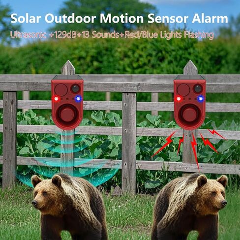 Solar Motion Sensor Alarm Outdoor - Support Recording&±Volume, Ultrasonic and Barking Dog&Gunshot Sound Sound, 129db*2 Loud Speakers, Motion Detector Alarm Strobe Light with USB and Remote Controller in Saudi Arabia