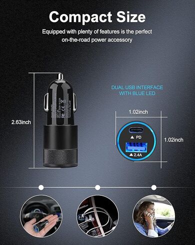 AILKIN 30W PD USB C Car Charger, USB Type C Fast Power Charging Block Dual Port USB A & USBC Plug Cargador Carro Lighter Adapter for iPhone, iPad, Samsung Galaxy, LG, Google Pixel, Moto, USB-C Port in Saudi Arabia