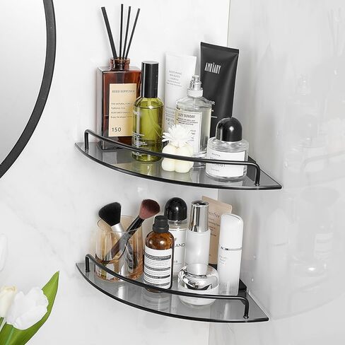 Voldra Glass Corner Shower Caddy, 2 Pack Adhesive Corner Shower Shelves for Inside Shower No Drilling, Tempered Glass Bathroom Corner Shelf with Guardrail Bathroom Shower Organizer Storage Rack(Black) in Saudi Arabia