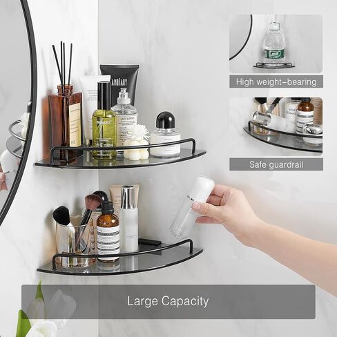 Voldra Glass Corner Shower Caddy, 2 Pack Adhesive Corner Shower Shelves for Inside Shower No Drilling, Tempered Glass Bathroom Corner Shelf with Guardrail Bathroom Shower Organizer Storage Rack(Black) in Saudi Arabia