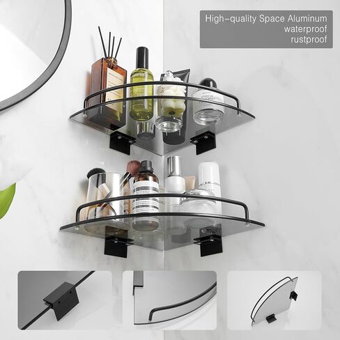 Voldra Glass Corner Shower Caddy, 2 Pack Adhesive Corner Shower Shelves for Inside Shower No Drilling, Tempered Glass Bathroom Corner Shelf with Guardrail Bathroom Shower Organizer Storage Rack(Black) in Saudi Arabia