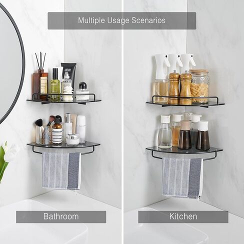 Voldra Glass Corner Shower Caddy, 2 Pack Adhesive Corner Shower Shelves for Inside Shower No Drilling, Tempered Glass Bathroom Corner Shelf with Guardrail Bathroom Shower Organizer Storage Rack(Black) in Saudi Arabia