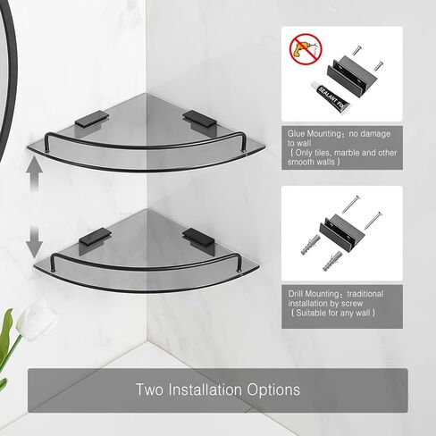 Voldra Glass Corner Shower Caddy, 2 Pack Adhesive Corner Shower Shelves for Inside Shower No Drilling, Tempered Glass Bathroom Corner Shelf with Guardrail Bathroom Shower Organizer Storage Rack(Black) in Saudi Arabia