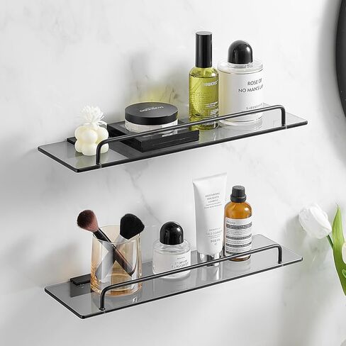 Voldra Glass Corner Shower Caddy, 2 Pack Adhesive Corner Shower Shelves for Inside Shower No Drilling, Tempered Glass Bathroom Corner Shelf with Guardrail Bathroom Shower Organizer Storage Rack(Black) in Saudi Arabia
