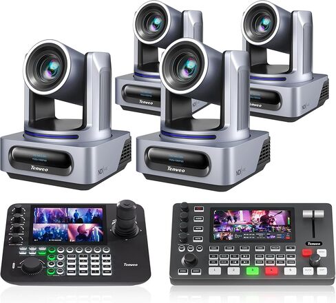 Tenveo NDI PTZ Camera Bundle/Kits, 20X AI Auto Tracking NDI SDI/HDMI/USB3.0/LAN(PoE) PTZ Camera(*4), NDI PTZ Joystick Controller and 4K HDMI + SDI Video Switcher Mixer for Live Events Large Broadcast in Saudi Arabia