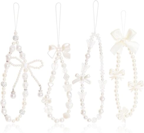 4 Pcs Beaded Phone Charms Cute Butterfly Bow Pearl Phone Strap Aesthetic Y2K Cellphone Lanyard Wristlet for Women Girls Keychain Camera Bag Purse Accessories in Saudi Arabia