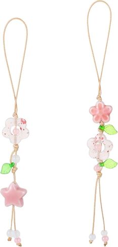 cobee 2 Pcs Flower Cute Phone Charm, Ceramic Bead Kawaii Phone Chains Straps with Star Leaf Pendant Pink Floral Wrist Lanyard Bracelet for Women in Saudi Arabia
