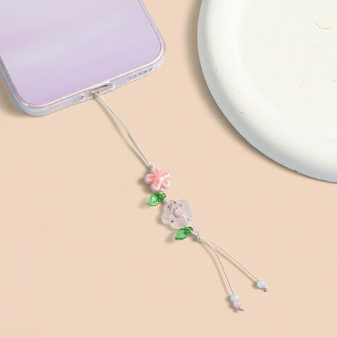 cobee 2 Pcs Flower Cute Phone Charm, Ceramic Bead Kawaii Phone Chains Straps with Star Leaf Pendant Pink Floral Wrist Lanyard Bracelet for Women in Saudi Arabia