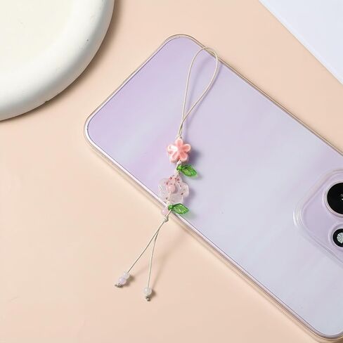 cobee 2 Pcs Flower Cute Phone Charm, Ceramic Bead Kawaii Phone Chains Straps with Star Leaf Pendant Pink Floral Wrist Lanyard Bracelet for Women in Saudi Arabia