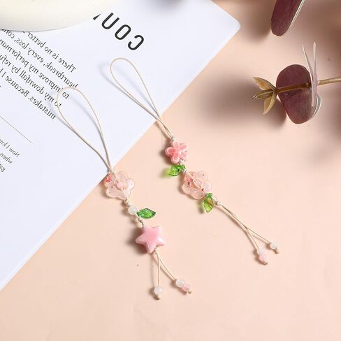 cobee 2 Pcs Flower Cute Phone Charm, Ceramic Bead Kawaii Phone Chains Straps with Star Leaf Pendant Pink Floral Wrist Lanyard Bracelet for Women in Saudi Arabia