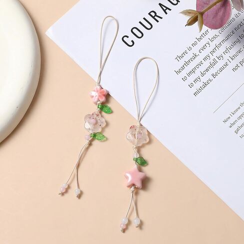 cobee 2 Pcs Flower Cute Phone Charm, Ceramic Bead Kawaii Phone Chains Straps with Star Leaf Pendant Pink Floral Wrist Lanyard Bracelet for Women in Saudi Arabia