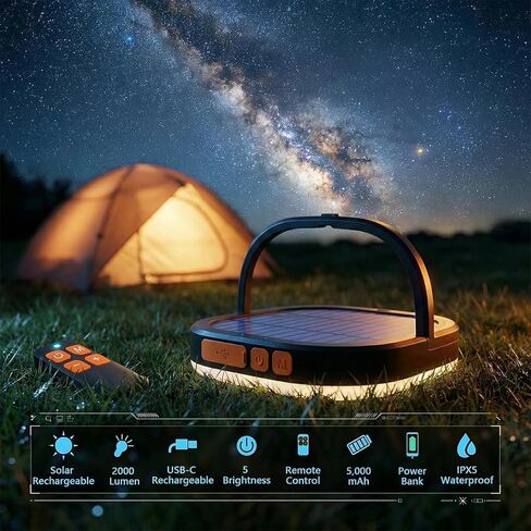 فانوس شمسي للتحكم عن بعد بقدرة 5000 مللي أمبير في الساعة، أساسيات التخييم بإضاءة LED قابلة لإعادة الشحن، 2000 لومن، 5 أوضاع إضاءة IPX5 مقاومة للماء مع فوانيس شحن USB لانقطاع التيار الكهربائي، والأسماك، والطوارئ، والمنزل in Kuwait