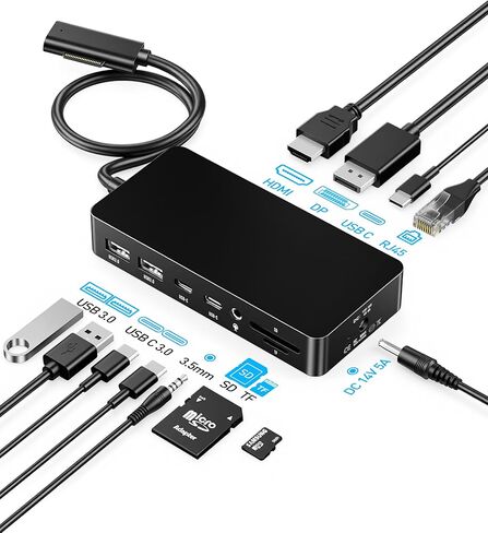 قاعدة تركيب MS Surface Pro، شاشة ثلاثية 4K@60 هرتز HDMI+DP+USB-C، قاعدة سطحية 11 في 1 مع إيثرنت، 2x USB-C 3.0، 2x USB 3.0، قارئ SD/TF، ​​مقبس 3.5 مم لجهاز Surface Pro 11/10/9/8، كمبيوتر محمول، كتاب، اذهب in Saudi Arabia