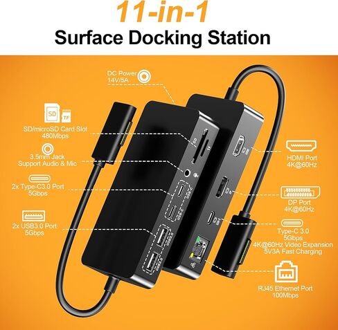 قاعدة تركيب MS Surface Pro، شاشة ثلاثية 4K@60 هرتز HDMI+DP+USB-C، قاعدة سطحية 11 في 1 مع إيثرنت، 2x USB-C 3.0، 2x USB 3.0، قارئ SD/TF، ​​مقبس 3.5 مم لجهاز Surface Pro 11/10/9/8، كمبيوتر محمول، كتاب، اذهب in Saudi Arabia