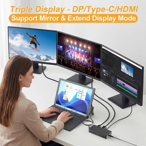 قاعدة تركيب MS Surface Pro، شاشة ثلاثية 4K@60 هرتز HDMI+DP+USB-C، قاعدة سطحية 11 في 1 مع إيثرنت، 2x USB-C 3.0، 2x USB 3.0، قارئ SD/TF، ​​مقبس 3.5 مم لجهاز Surface Pro 11/10/9/8، كمبيوتر محمول، كتاب، اذهب in Saudi Arabia