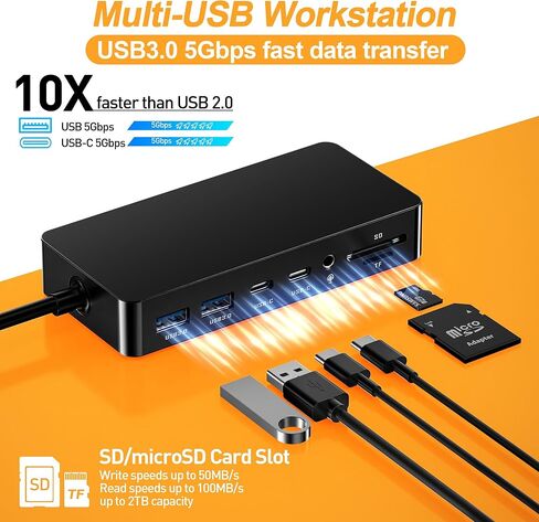 قاعدة تركيب MS Surface Pro، شاشة ثلاثية 4K@60 هرتز HDMI+DP+USB-C، قاعدة سطحية 11 في 1 مع إيثرنت، 2x USB-C 3.0، 2x USB 3.0، قارئ SD/TF، ​​مقبس 3.5 مم لجهاز Surface Pro 11/10/9/8، كمبيوتر محمول، كتاب، اذهب in Saudi Arabia