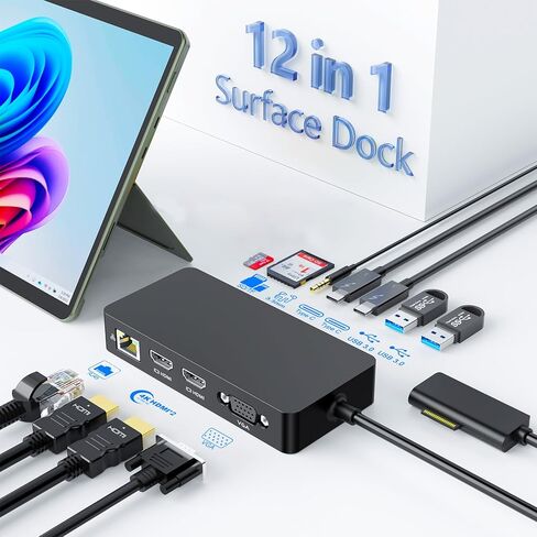قاعدة تركيب سطحية مع محول طاقة، قاعدة سطحية 12 في 1، شاشة ثلاثية 4K HDMI وVGA، إيثرنت، محور USB، قارئ بطاقة SD/TF لجهاز Surface Pro/الكمبيوتر المحمول/الكتاب (HDMI + HDMI + VGA) in Saudi Arabia