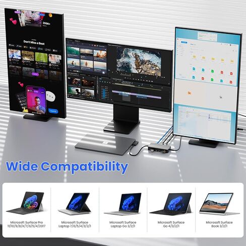 قاعدة تركيب سطحية مع محول طاقة، قاعدة سطحية 12 في 1، شاشة ثلاثية 4K HDMI وVGA، إيثرنت، محور USB، قارئ بطاقة SD/TF لجهاز Surface Pro/الكمبيوتر المحمول/الكتاب (HDMI + HDMI + VGA) in Saudi Arabia
