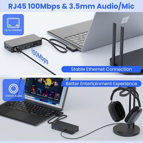 قاعدة تركيب سطحية مع محول طاقة، قاعدة سطحية 12 في 1، شاشة ثلاثية 4K HDMI وVGA، إيثرنت، محور USB، قارئ بطاقة SD/TF لجهاز Surface Pro/الكمبيوتر المحمول/الكتاب (HDMI + HDMI + VGA) in Saudi Arabia
