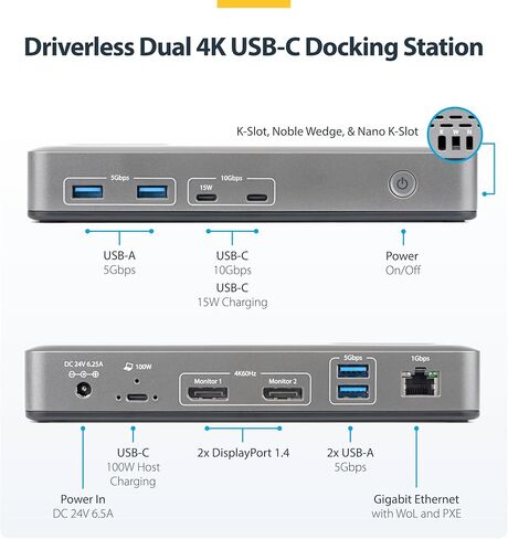 محطة إرساء StarTech USB-C مزدوجة 4K 60 هرتز DisplayPort، شحن توصيل الطاقة 100 واط، 6 منافذ USB (10 جيجابت في الثانية)، جيجابت إيثرنت، منصة كمبيوتر محمول احترافية تعمل بنظام Windows بدون سائق in Saudi Arabia
