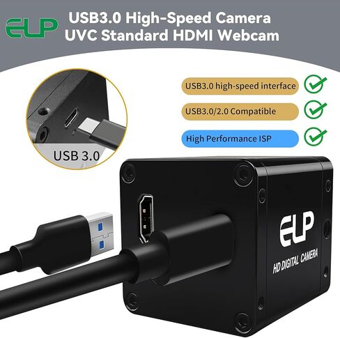 ELP 4K 60fps USB3.0 HDMI Camera H.264 Wide Angle High Speed UVC Lightburn Cameras for Computer Low Illumination Simultaneous Output PC Webcam M12 100° Web_Camera for Windows Linux Mac TV Projector in Saudi Arabia