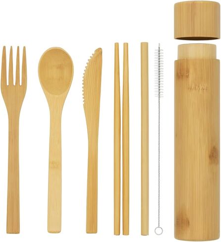 Eco-Friendly Travel Utensils Set: Lightweight Bamboo Forks, Spoons, Knives, Chopsticks, Straw in Wooden Case, Reusable Utensils for Lunch Box, Kids Camping Cutlery, Sustainable Portable Flatware in Saudi Arabia