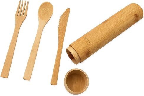 Eco-Friendly Travel Utensils Set: Lightweight Bamboo Forks, Spoons, Knives, Chopsticks, Straw in Wooden Case, Reusable Utensils for Lunch Box, Kids Camping Cutlery, Sustainable Portable Flatware in Saudi Arabia