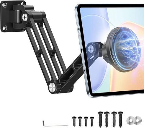OHLPRO Magnetic Tablet Wall Mount, iPad Wall Mount Holder with 360° Rotating 2-Stage Foldable Aluminum Arm, MagSafe Compatible for Phones and Tablets, for Kitchen, Gym, Office, Home in Saudi Arabia