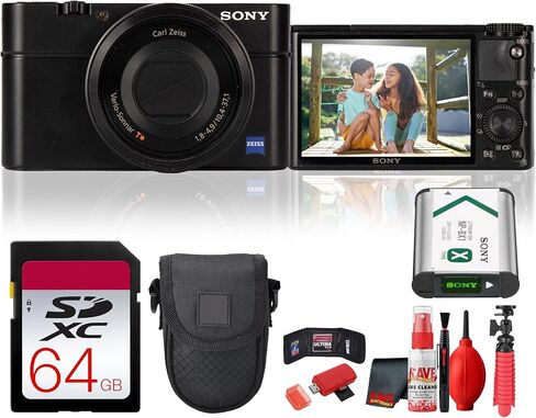 كاميرا سوني سايبر شوت DSC-RX100 الرقمية المدمجة | كاميرا جيب مميزة بدقة 20.2 ميجابكسل بمستشعر مقاس 1 بوصة للسفر والتصوير اليومي + بطاقة سعة 64 جيجابايت + حقيبة + حامل ثلاثي القوائم مرن + المزيد (حزمة مكونة من 12 قطعة) (متجددة) in Kuwait