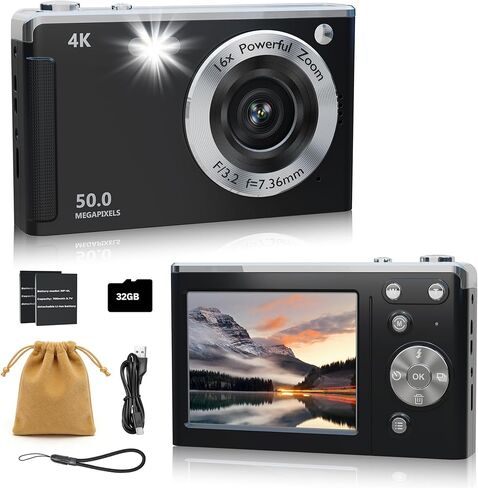 كاميرا رقمية 4K للتركيز التلقائي للتصوير الفوتوغرافي، تكبير 16X، كاميرا رقمية مدمجة محمولة بدقة 50 ميجابكسل، كاميرات سفر مدمجة للمبتدئين مع بطاقة 32 جيجابايت، بطاريتان، أسود in Kuwait