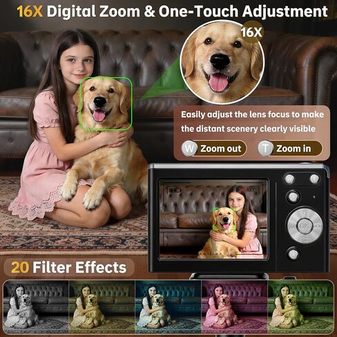 كاميرا رقمية 4K للتركيز التلقائي للتصوير الفوتوغرافي، تكبير 16X، كاميرا رقمية مدمجة محمولة بدقة 50 ميجابكسل، كاميرات سفر مدمجة للمبتدئين مع بطاقة 32 جيجابايت، بطاريتان، أسود in Kuwait