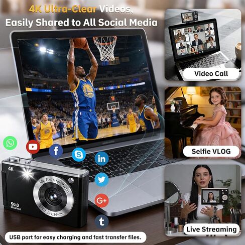 كاميرا رقمية 4K للتركيز التلقائي للتصوير الفوتوغرافي، تكبير 16X، كاميرا رقمية مدمجة محمولة بدقة 50 ميجابكسل، كاميرات سفر مدمجة للمبتدئين مع بطاقة 32 جيجابايت، بطاريتان، أسود in Kuwait