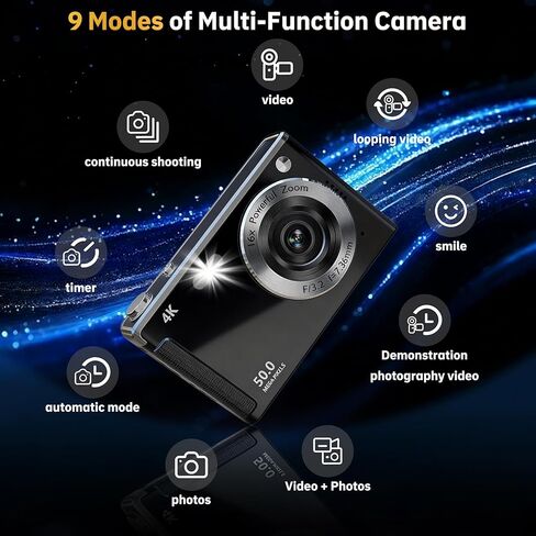 كاميرا رقمية 4K للتركيز التلقائي للتصوير الفوتوغرافي، تكبير 16X، كاميرا رقمية مدمجة محمولة بدقة 50 ميجابكسل، كاميرات سفر مدمجة للمبتدئين مع بطاقة 32 جيجابايت، بطاريتان، أسود in Kuwait