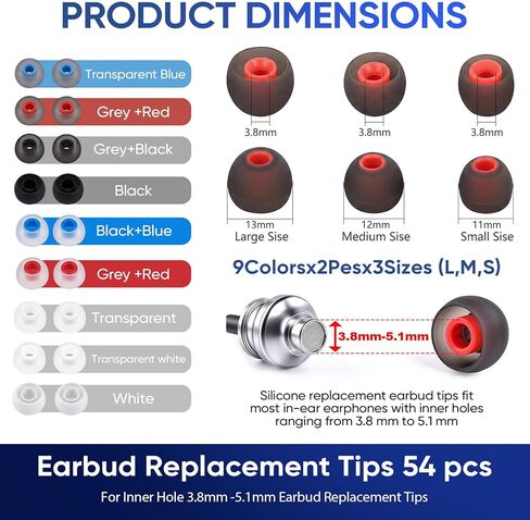 54Pcs Silicone Earbud Replacement Tips, S/M/L Ear Bud Tips, Rubber Earbud Covers Compatible with Most Earphones (Inner Hole 3.8mm-5.1mm) in Kuwait