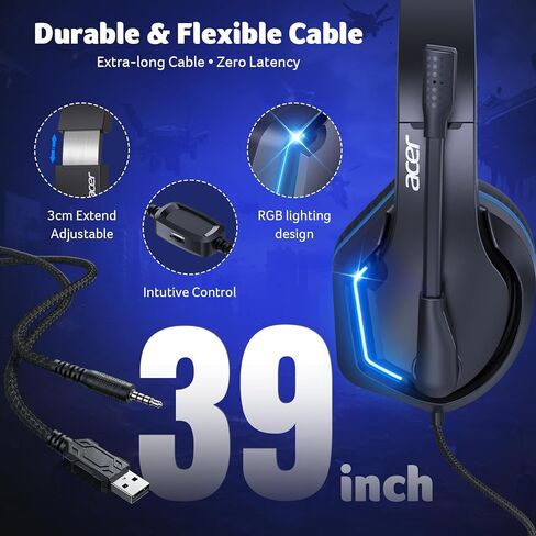 سماعة رأس سلكية للألعاب من آيسر لأجهزة PS5، وPS4، والكمبيوتر الشخصي، وXbox Series X|S، وSwitch، وسماعات رأس للألعاب مع ميكروفون عازل للضوضاء، وأضواء LED ومكبر صوت 50 مم، ومقبس 3.5 مم للألعاب، أسود in Kuwait
