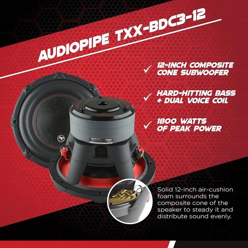 مضخم صوت مخروطي مركب ثلاثي المكدس مقاس 12 بوصة من Audiopipe (TXX-BDC3-12)، أداء فائق، قوة قصوى 1800 وات، ملف صوتي مزدوج BASV مقاس 3 بوصات، سلة من الألومنيوم، أطراف توصيل متعددة، 4 أوم مزدوج in Saudi Arabia
