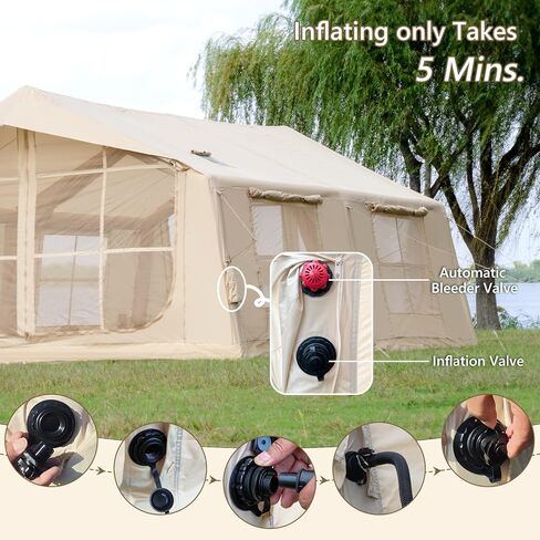 Inflatable Tent for Camping with 2 Rooms, 8-12 Person Easy Setup Air Tent with Hand Pump, 4 Season Waterproof Glamping Tent with Stove Jack, Large Family House Tent in Saudi Arabia